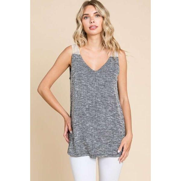 Culture Code Contrast Eyelet Strap Slit Ribbed Tank