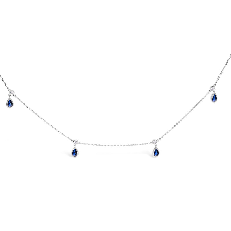 Bids.com 10K White Gold Dangling 5x3 mm Pear Blue Sapphire and Diamond Station Necklace - 18" Inches Necklaces