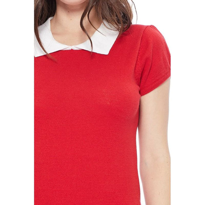 Cute Contrast Collar Pleated Cap Sleeve Knit Top