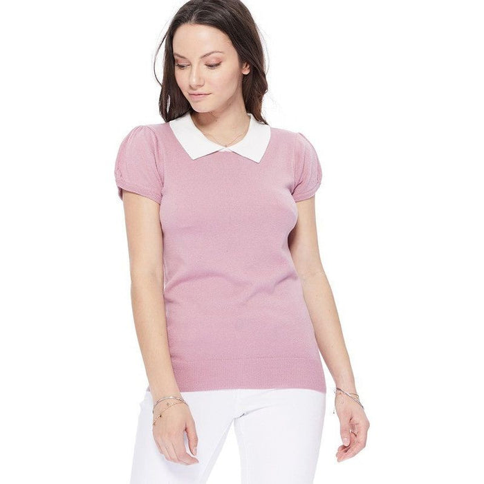 Cute Contrast Collar Pleated Cap Sleeve Knit Top