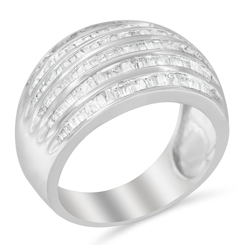 Bids.com .925 Sterling Silver 1.0 Cttw Baguette-Cut Diamond 6-Row Channel Set Domed Tapered Cocktail Fashion Ring (H-I Color, I2-I3 Clarity) - Size 6-1/2 Rings