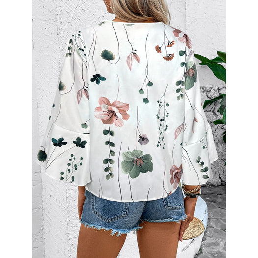 Ruffled Printed V-Neck Half Sleeve Blouse