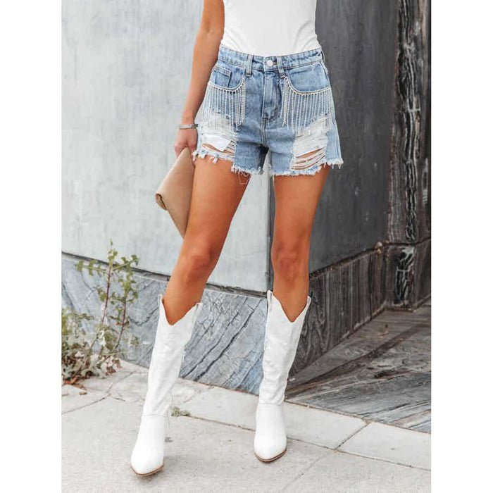 Distressed Fringe Denim Shorts with Pockets