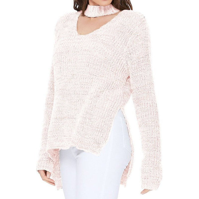 Choker Neck Side Split High Low Knit Top