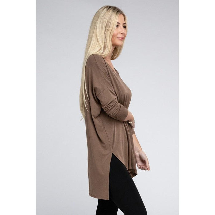 Dolman Long Sleeve V-Neck Side Slit Hi-Low Hem Top