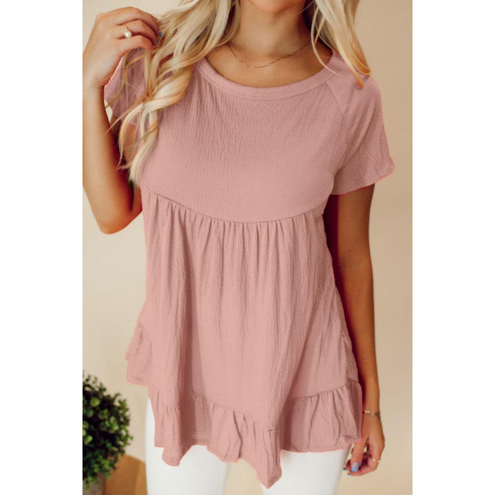 Ruffled Round Neck Short Sleeve Blouse