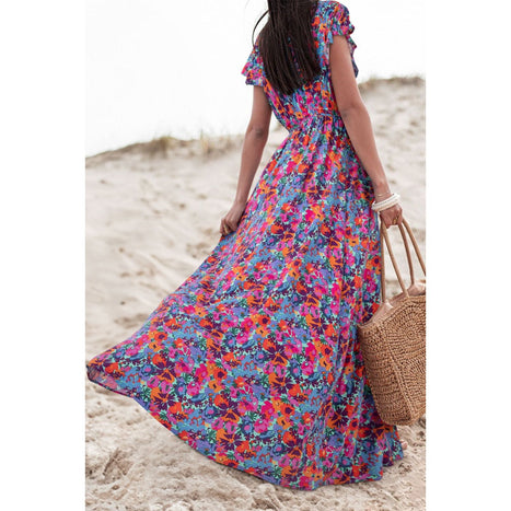 Slit Printed Cap Sleeve Maxi Dress