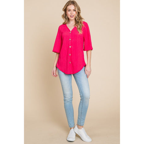 BOMBOM Texture Decorative Button V-Neck Top