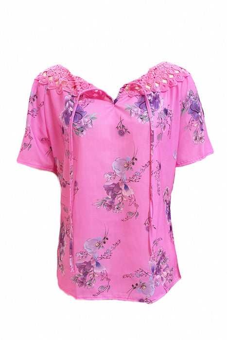 Printed Tie Neck Short Sleeve Blouse