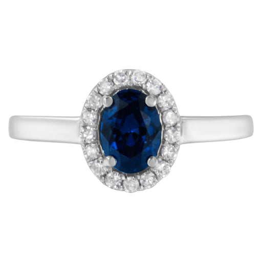 Bids.com 10K White Gold 1/5 Cttw Round Diamond and Prong Set 7MM Created Blue Sapphire Halo Cocktail Ring (H-I Color, I1-I2 Clarity) - Size 7 Rings