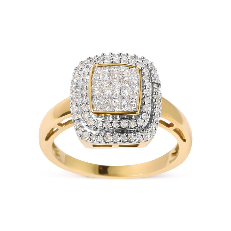 Bids.com 10K Yellow Gold 1/2 cttw Round and Princess Diamond Composite Head and Halo Ring (H-I Color, SI1-SI2 Clarity) - Ring Size 7 Rings