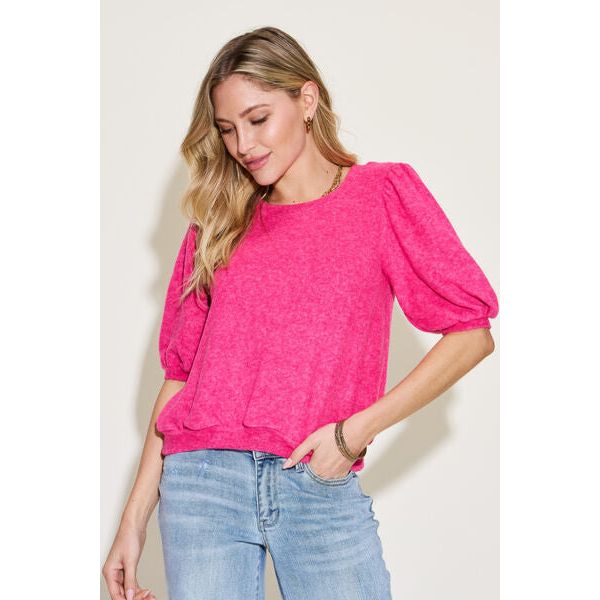 Zenana Round Neck Lantern Half Sleeve Sweater