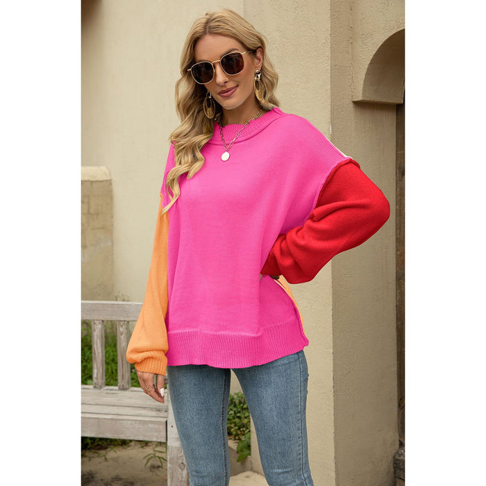 Color Block Round Neck Dropped Shoulder Sweater