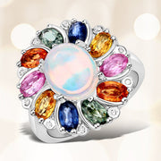 Bids.com 3.92 Carat Genuine Ethiopian Opal, Multi Sapphire and White Diamond .925 Sterling Silver Ring Rings