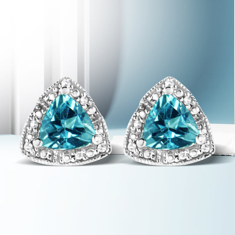 Bids.com .925 Sterling Silver 6x6 mm Trillion Cut Blue Topaz Gemstone and Diamond Accent Stud Earring (I-J Color, I1-I2 Clarity) Earrings
