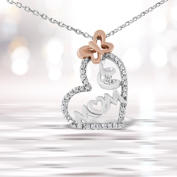 Bids.com Two Tone .925 Sterling Silver 1/5 cttw Diamond "Mom" and Heart Pendant Necklace (H-I, I1-I2) Necklaces