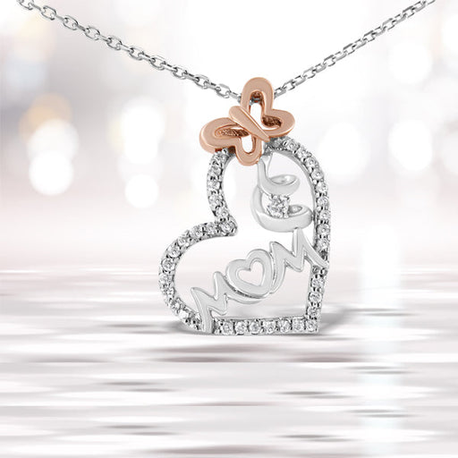 Bids.com Two Tone .925 Sterling Silver 1/5 cttw Diamond "Mom" and Heart Pendant Necklace (H-I, I1-I2) Necklaces