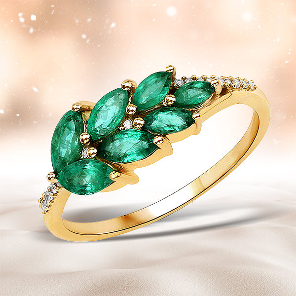 Bids.com 0.68 Carat Genuine Zambian Emerald and White Diamond 14K Yellow Gold Ring Rings