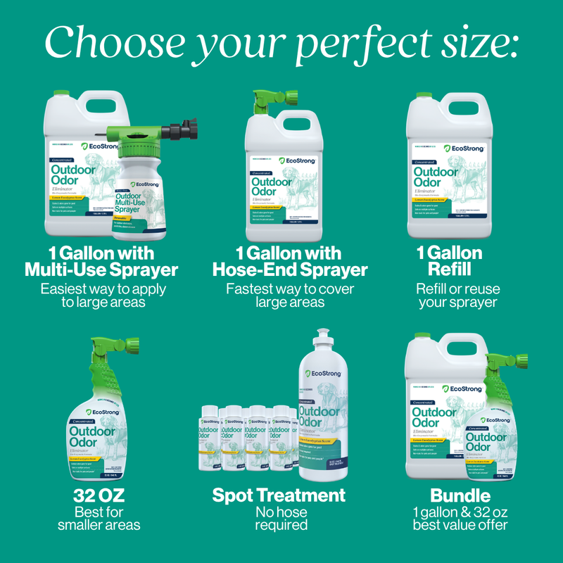 EcoStrong Outdoor Odor Eliminator Pet & Animal > Outdoor Odor Dark Cyan 1 Gallon Jug and Multi Use Sprayer,1 Gallon Jug,32 oz Sprayer Bottle and 1 Gallon Refill,32 oz Sprayer Bottle,10 x 2 oz Shots and Sprayer Bottle,5 Gallon Pail