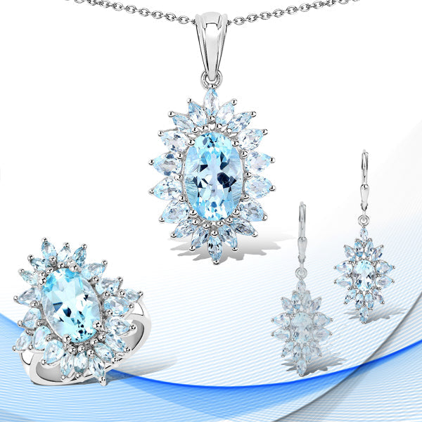 Bids.com 19.18 Carat Genuine Blue Topaz .925 Sterling Silver 3 Piece Jewelry Set (Ring, Earrings, and Pendant w/ Chain) Jewelry Sets