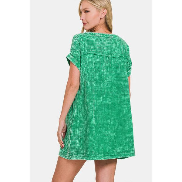 Zenana Washed Notched Short Sleeve Mini Dress