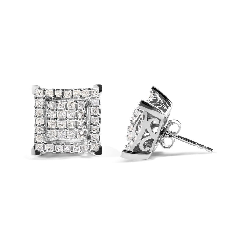 Bids.com 10K White Gold 1 1/4 Cttw Princess Diamond Composite Double Square and Halo Stud Earrings (I-J Color, I1-I2 Clarity) Earrings
