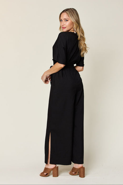 Double Take V-Neck Tie Front Short Sleeve Slit Jumpsuit