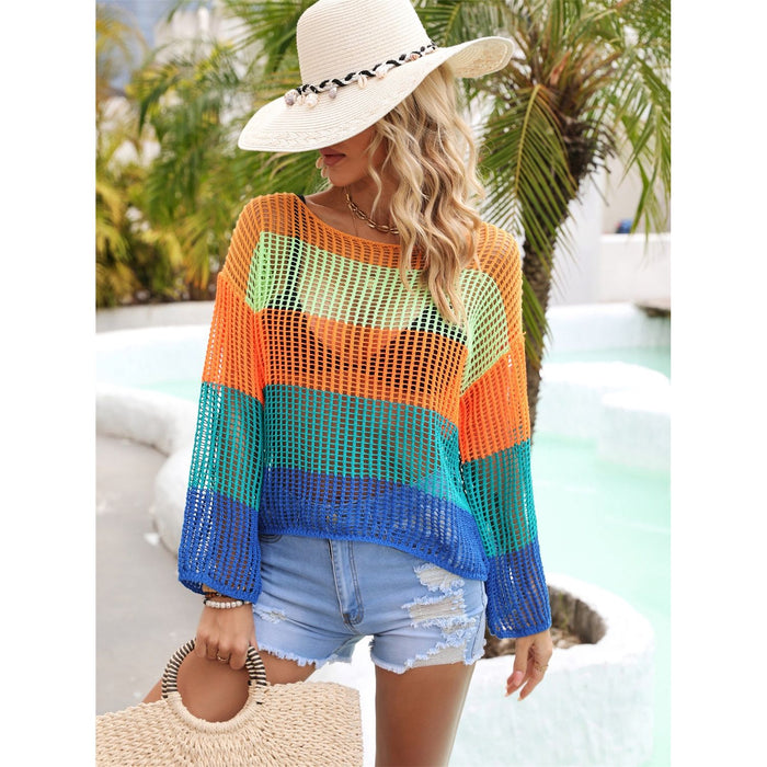 Color Block Openwork Boat Neck Cover Up