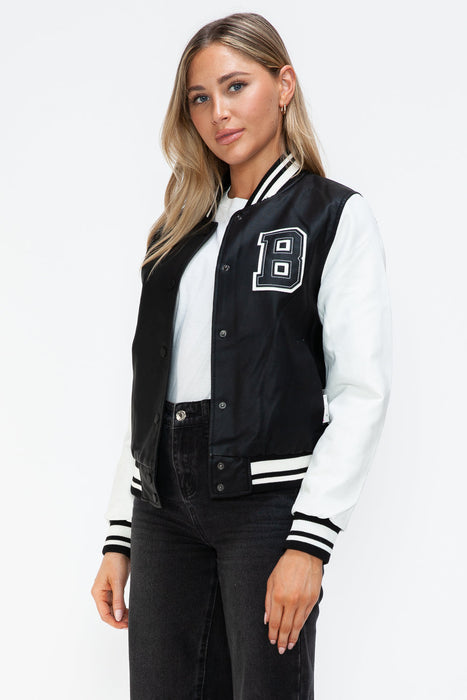 PU Leather Contrast Snap Down Bomber Jacket