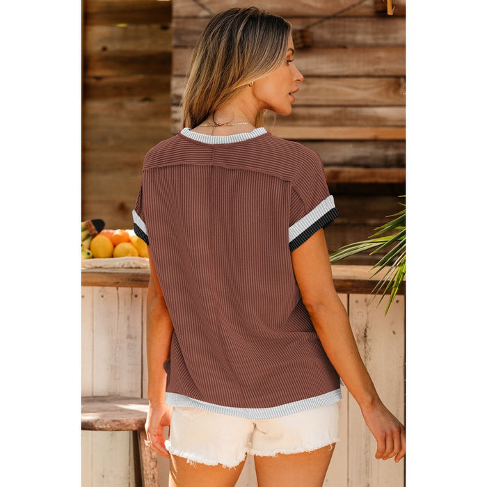 Color Block Round Neck Cap Sleeve T-Shirt