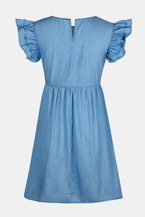 Ruffled Round Neck Cap Sleeve Denim Dress