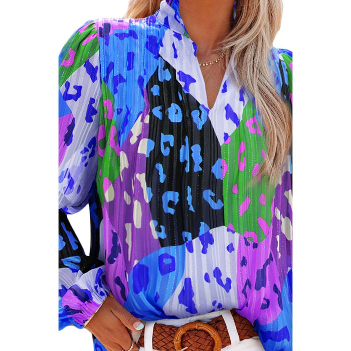 Printed Notched Long Sleeve Blouse