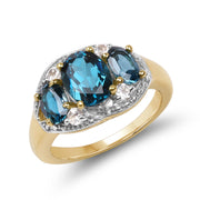 Bids.com 14K Yellow Gold Plated 2.77 Carat Genuine London Blue Topaz and White Topaz .925 Sterling Silver Ring Rings