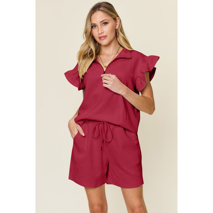 Texture Flounce Sleeve Top and Drawstring Shorts Set