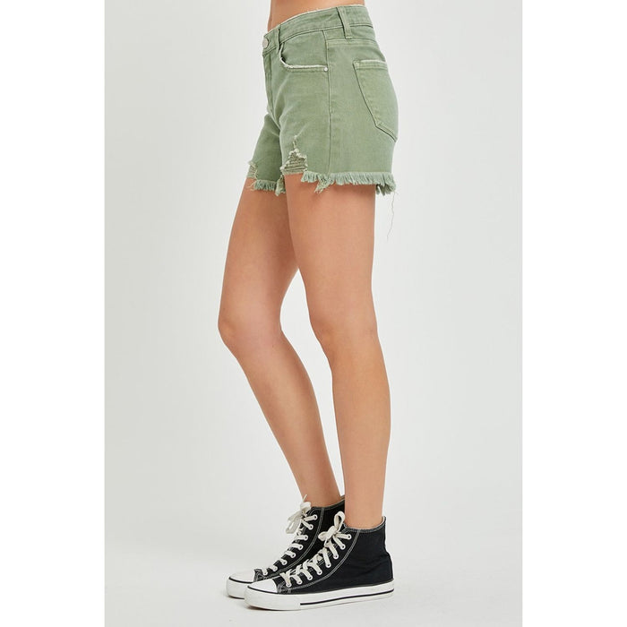 RISEN Mid Waist Frayed Hem Denim Shorts