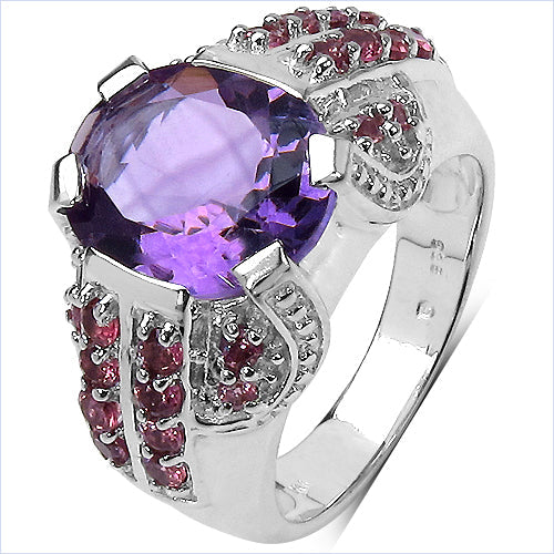 Bids.com 5.37 Carat Genuine Amethyst & Rhodolite .925 Sterling Silver Ring Rings