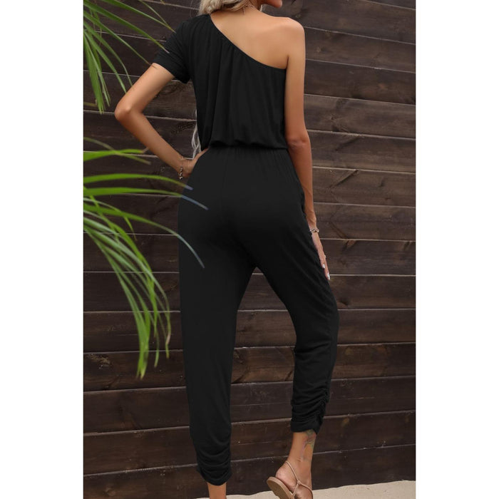 Drawstring Waist One-Shoulder Jumpsuit with Pockets