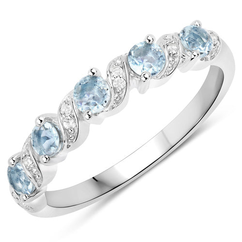 Bids.com 0.54 Carat Genuine Aquamarine and White Topaz .925 Sterling Silver Ring Rings
