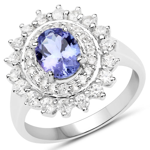 Bids.com 2.35 Carat Genuine Tanzanite and White Zircon .925 Sterling Silver Ring Rings