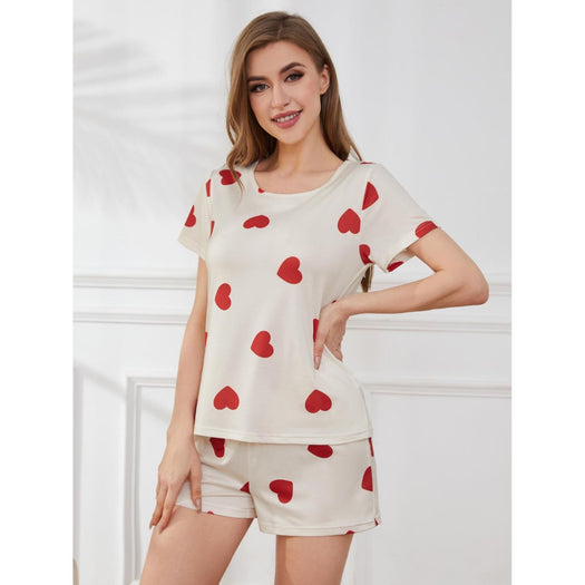 Heart Round Neck Top and Shorts Lounge Set