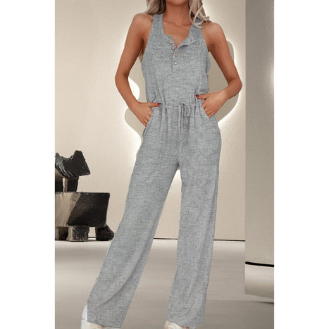 Drawstring Quarter Button Wide Strap Jumpsuit