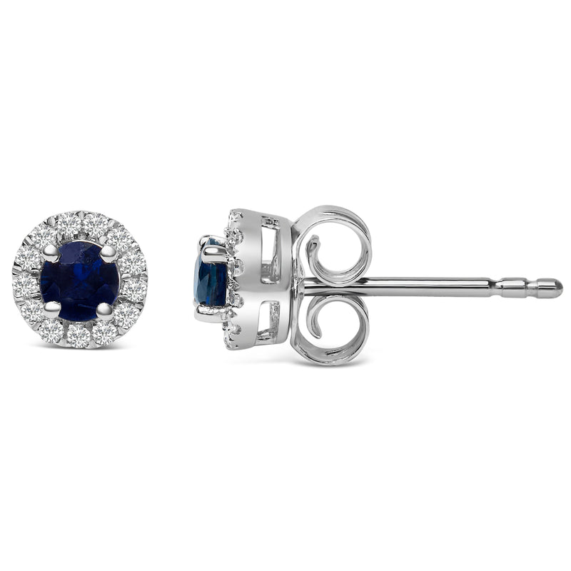 Bids.com 10K White Gold 3.25mm x 3.25mm Round Blue Sapphire and 1/10 Cttw Diamond Halo Stud Earrings (I-J Color, I1-I2 Clarity) Earrings