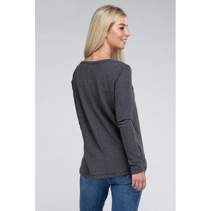 Melange Baby Waffle V-Neck Long Sleeve Top