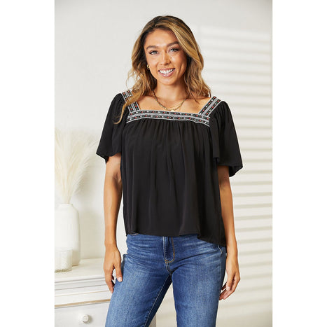 Double Take Contrast Square Neck Puff Sleeve Blouse