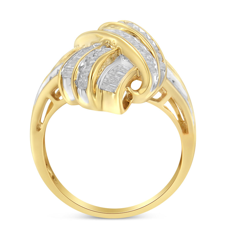 Bids.com 10K Yellow Gold Plated .925 Sterling Silver 1.0 Cttw Round & Baguette Diamond Knot Channel Statement Ring (I-J Color, I2-I3 Clarity) - Size 6 Rings