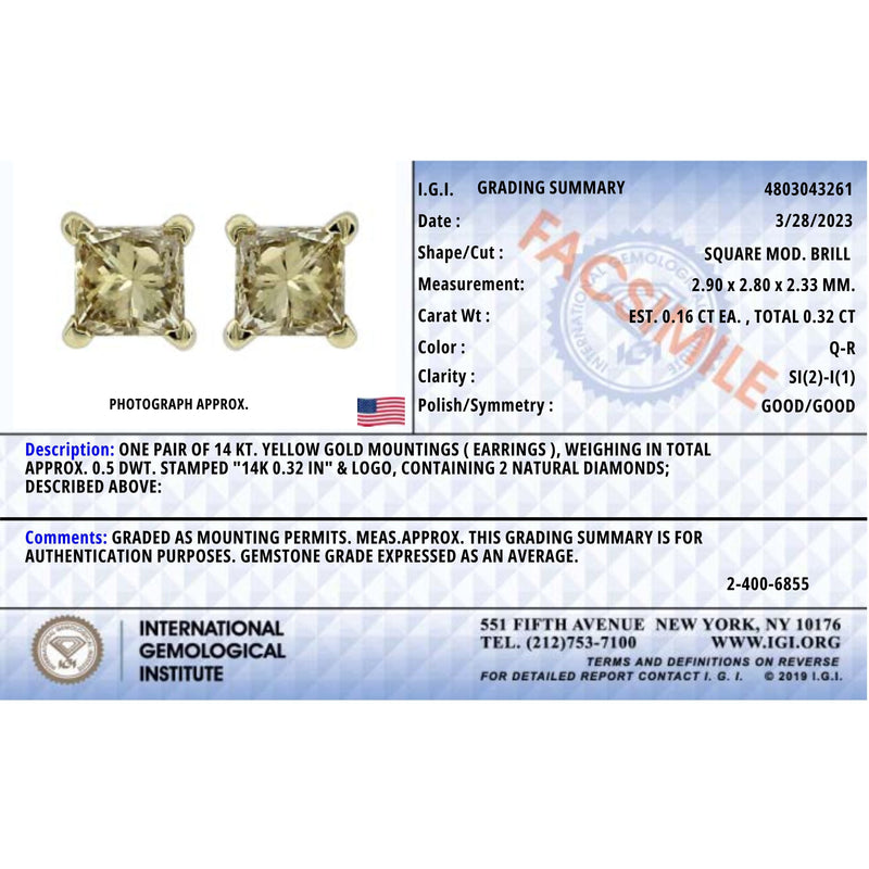 Bids.com IGI Certified 14k Yellow Gold 1/3 Cttw 4-Prong Set Princess-Cut Solitaire Diamond Push Back Stud Earrings (Q-R Color, I1-I2 Clarity) Earrings