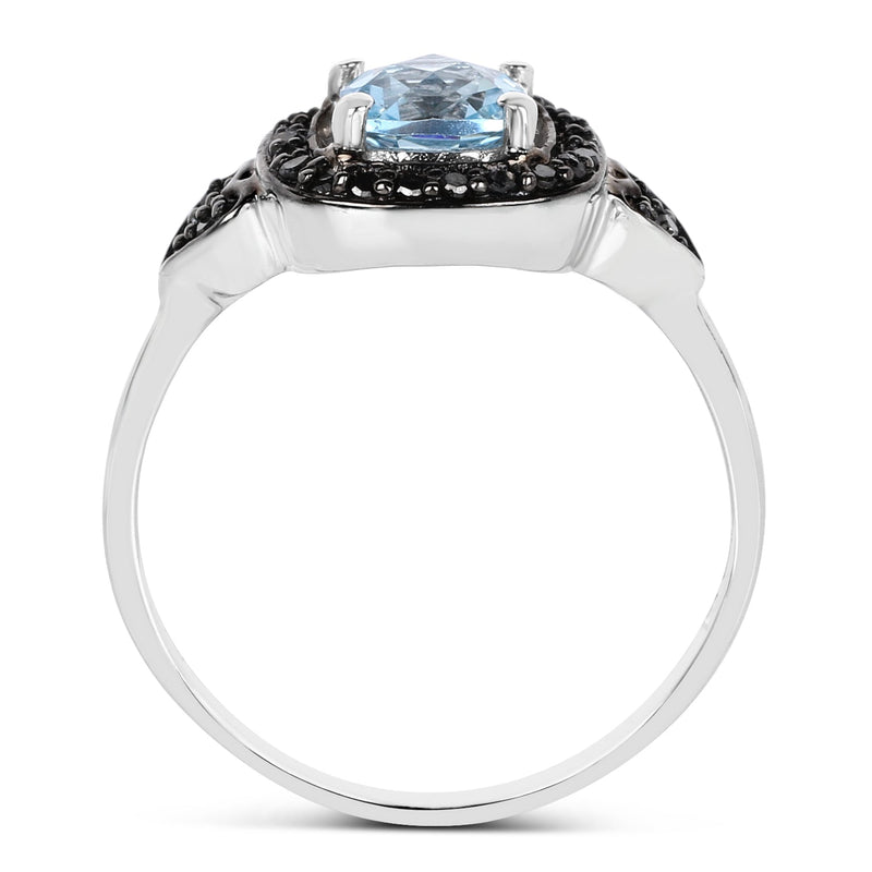 Bids.com 1.19 Carat Genuine Swiss Blue Topaz & Black Diamond .925 Sterling Silver Ring Rings