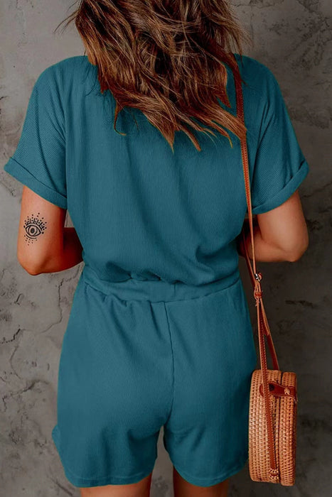 Drawstring V-Neck Short Sleeve Romper