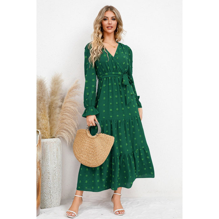 Swiss Dot Tied Surplice Flounce Sleeve Dress