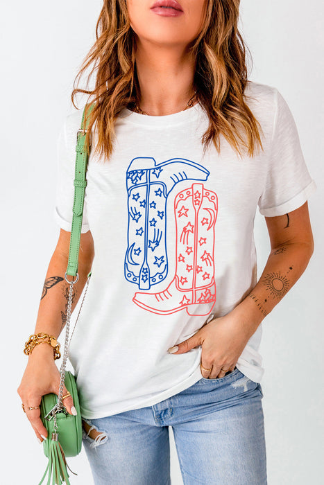 Boot Graphic Round Neck Short Sleeve T-Shirt in White